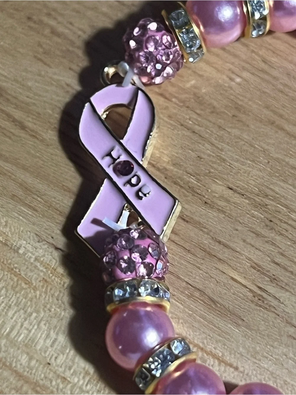 Pink Pearl Beaded Hope Ribbon Bracelet B198